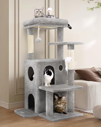 Globlazer Cat Tree Tower for Indoor Cats, 50-inch Adult Cat Tree House for Large Adult Cats with Steps, Scratching Post, 2 Cat Caves, Dangling Toys