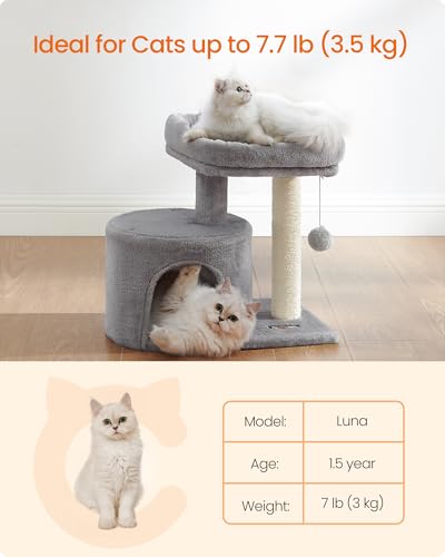 Feandrea Cat Tree, Small Cat Tower with Sisal Scratching Post, Plush Condo with Padded Perch, for Small Spaces, Kittens, Light Gray UPCT50W