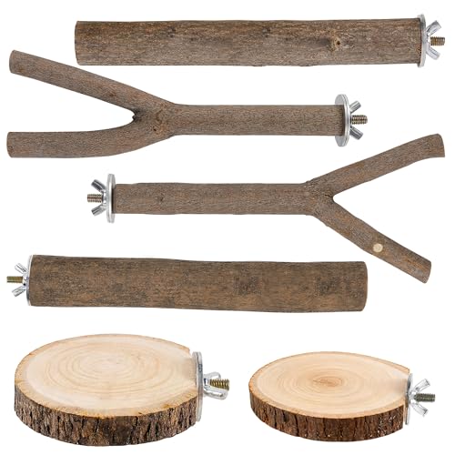 6 PCS Bird Perch Set, Natural Birch Wood Straight & Forked Perches with Platforms for Parakeets, Cockatiels, Conures, Lovebirds - Cage Accessories