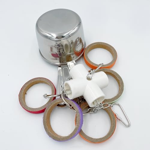Durable Bird Parrots Pots and Bagel Toys, Pullable Stainless Steel Cup and Cardboard Ring Toys for s Mini Macaws African Greys Cockatoos Eclectus