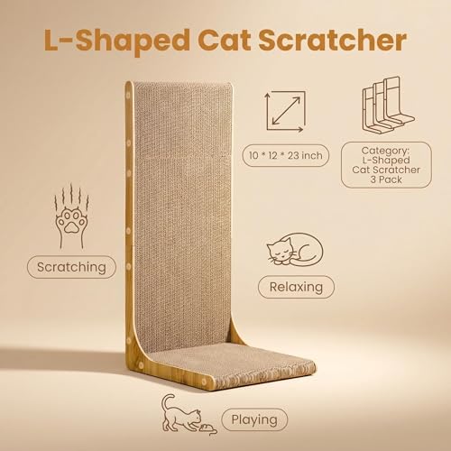 SMARTBEAN 3-Pack Cardboard Cat Scratcher for Indoor Cats, 23 Inch L Shaped Vertical Cat Scratching Post, Cat Scratching Board for Wall and Couch