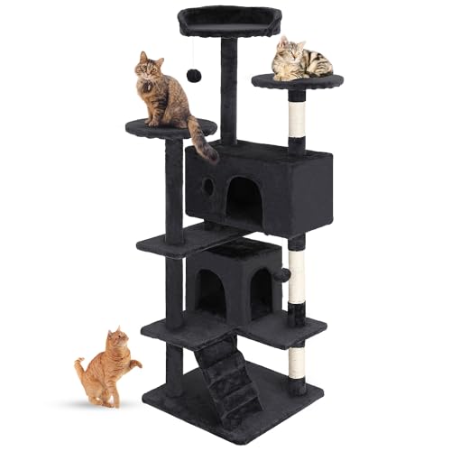 FDW | 54" Cat Tree Tower | Dark Gray | Multi-Level Indoor Activity Center with Sisal Scratching Posts, Condos, Plush Perches, Hanging Cat Toys