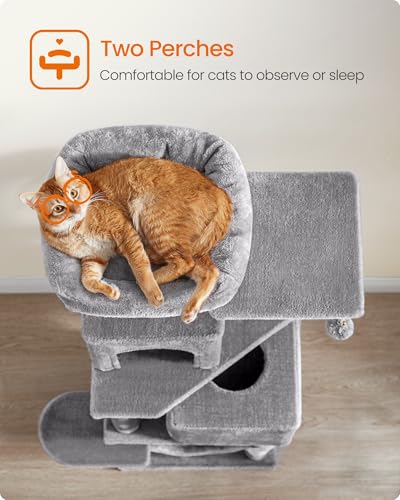 Feandrea Cat Tree, 59.5-Inch Tall Cat Tower, Plush Multi-Level Condo with 5 Scratching Posts, 2 Perches, 2 Caves, Hammock, 2 Pompoms, Light Gray