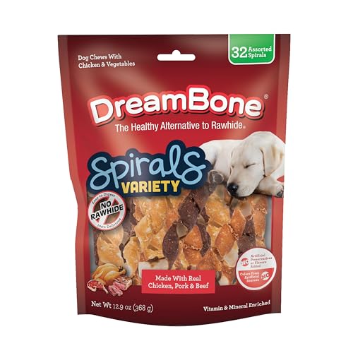 DreamBone Spirals Variety Pack Chews for Dogs, Treat Your Dog to Easy-to-Digest Rawhide-Free Chews Made with Chicken, Beef or Pork, 32 Count