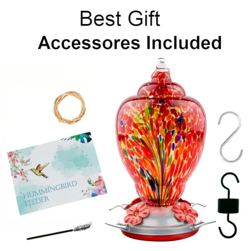 WOSIBO Hummingbird Feeder for Outdoors Patio Large 32 Ounces Colorful Hand Blown Glass Hummingbird Feeder with Ant Moat Hanging Hook, Rope, Brush and