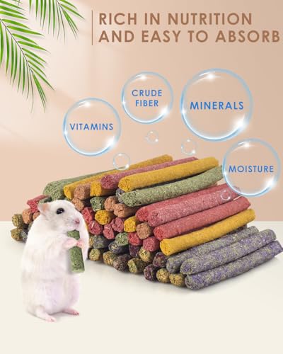 Bissap 72 PCS Rabbit Chew Sticks, Natural Timothy Hay Pumpkin Sugar Beet Carrot Strawberry Rose Dahlberg Daisy Forget-me-not Flower Treat for Bunny