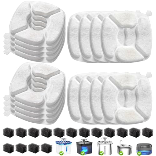 32 Pcs Cat Water Fountain Replacement Filters-16 Pack Cat Fountain Filters with 16 Pack Sponges, Enhanced Compatibility Pet Fountain Filter Fit for