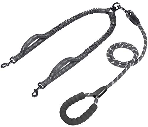 Double Dog Leash with Two Extra Traffic Handles, 360 Swivel No Tangle Dual Dog Walking Leash, Comfortable Shock Absorbing Reflective Bungee for Two