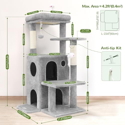 Globlazer Cat Tree Tower for Indoor Cats, 50-inch Adult Cat Tree House for Large Adult Cats with Steps, Scratching Post, 2 Cat Caves, Dangling Toys