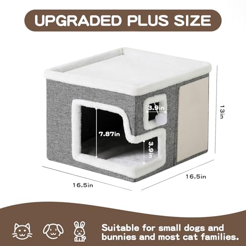 Cat Houses for Indoor Cats, Covered Cave Bed with Scratch Pad and Fluffy Ball, Foldable Cat Hideaway Condo for Large Cats, Modern Kitten