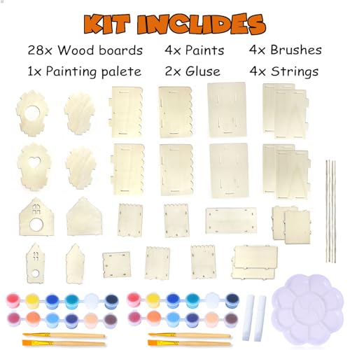 hapray 4 Pack Bird House Crafts for Kids Ages 5-8 8-12, Buildable DIY Birdhouse Kit for Children to Build, Summer Arts and Craft Projects with Paint