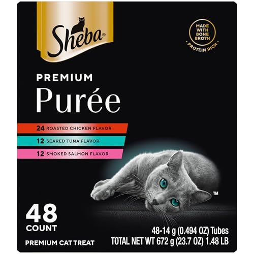 Sheba Premium Puree Cat Treats Lickable Roasted Chicken Flavor, Smoked Salmon Flavor, and Seared Tuna Flavor, 0.49 oz. Tubes, 48 Count