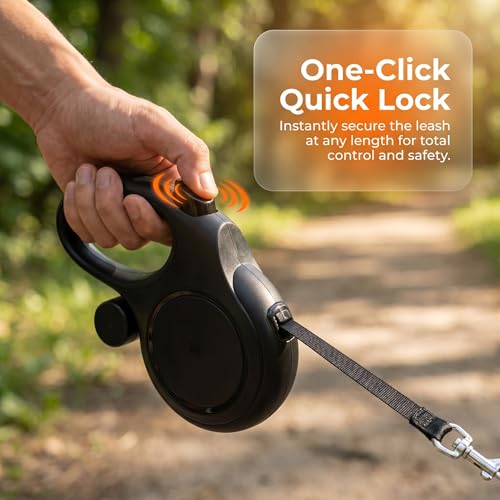 26ft Retractable Dog Leash for Large Dogs up to 110 lbs, with Waste Bag Dispenser, 8m Durable Strong Nylon Tape, 360° Tangle-Free, One-Handed