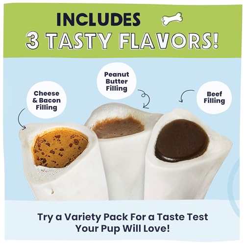 Pawstruck Large 5-6” Filled Dog Bones Variety Pack - Peanut Butter, Cheese & Bacon, Beef Flavors - Made in USA, Long Lasting Stuffed Femur Treat for