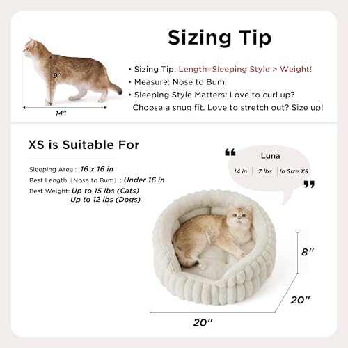 Bedsure ComfyFleece™ Cat Bed, Washable Round Cute Pet Beds for Indoor Cats, Super Soft Corduroy Kitten Bed with Anti-Slip Bottom, 20''x20''x8'', Cream