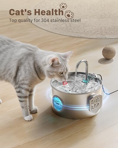 Cat Water Fountain Stainless Steel: 74oz/2.2L Cat Fountain for Drinking - Pet Water Fountain for Cats Inside - Quiet Cats Water Bowl Dispenser