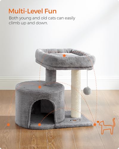 Feandrea Cat Tree, Small Cat Tower with Sisal Scratching Post, Plush Condo with Padded Perch, for Small Spaces, Kittens, Light Gray UPCT50W