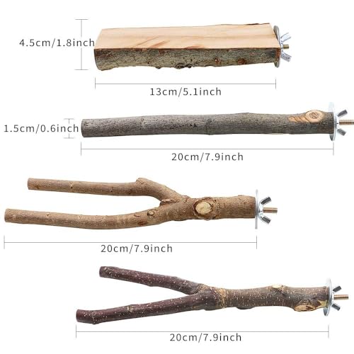 BILLIOTEAM 4 Pack Natural Wood Bird Perch Parrot Stand Branches Fork Toys,Pet Bird Cage Wooden Hanging Perch Platform Hammock Swing Toy for Small