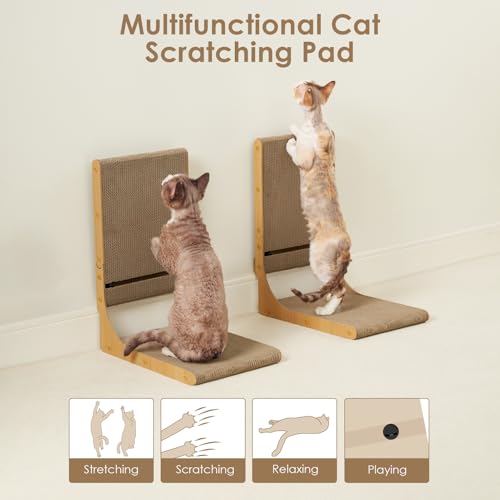 EHEYCIGA 2-Pack Cat Scratcher, 25.6 Inch L-Shaped Cardboard Scratch Pad for Indoor Cats, Vertical Cat Scratching Board with Ball Toy, Furniture