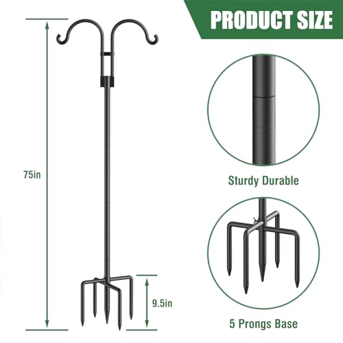 Relx Bird Feeder Pole - Adjustable Double Shepherds Hooks for Bird Feeder with 5 Prong Base - 76 Inch Heavy Duty Shepherds Hooks for Outdoor,Hanging
