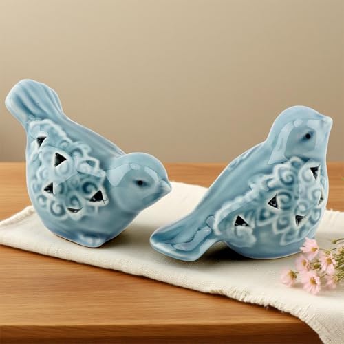 Pair of Blue Bird for Home Decor, Farmhouse Ceramic Bird Statue Sculpture Birds Ornaments, Small Decor for Shelves Entryway TV Stand Bookcase, Garden
