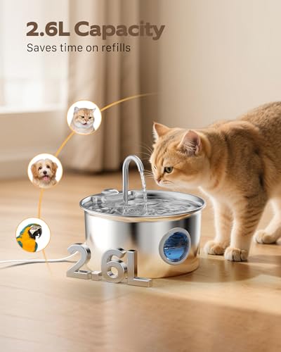 Cat Water Fountain Stainless Steel: Cat Fountain for Drinking - 88oz/2.6L Pet Water Fountain for Cats Indoor - Quiet Cats Water Bowl Dispenser - Pets