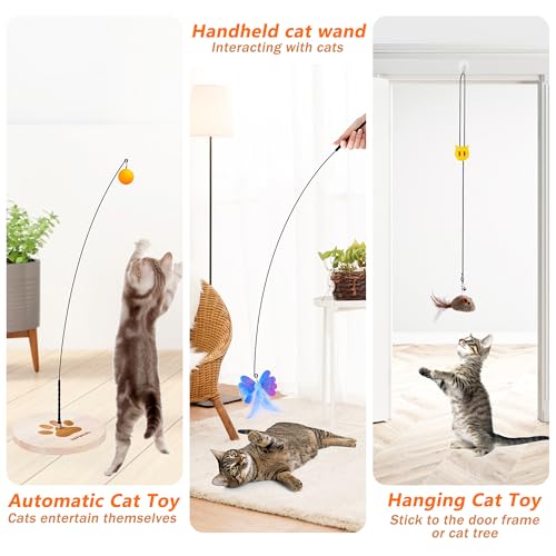 JXFUKAL Interactive cat Toy, Automatic Cat Wand Toy with Stable Wooden Base, 2 PCS Detachable Cat Teaser, 5PCS Refills Replacement & Hanging Elastic