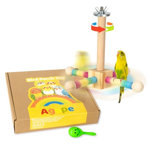Agape Bird Toy, Parrot 360° Interactive Rotating Perch, Bird Cage Accessories for Small and Medium Parrots to Expend Energy, Wooden Stand for
