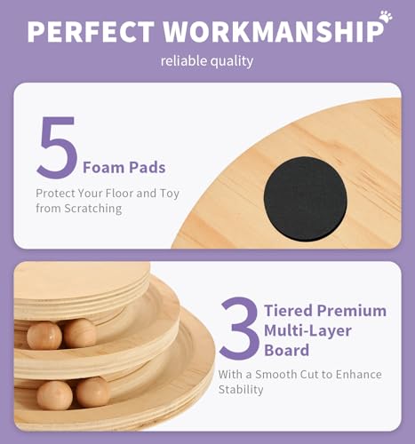 Made4Pets Cat Scratching Post Cat Scratcher Kitten Toys for Indoor Cats Wooden Ball Track Two-Layer Modern Sisal 17.7" Tall Scratch Post Interactive