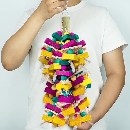 Large Bird Toys, Multi-Color Wooden Block with Bamboo Support Bird Chewing Toy Parrot Cage Bite Toy for Macaws Cokatoos African Grey and Large Medium