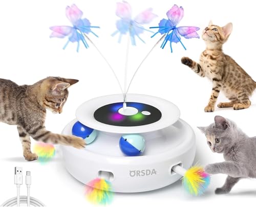 ORSDA Cat Toy, 3-in-1 Automatic Interactive Electronic Moving Ambush Feather, Fluttering Butterfly, Track Balls, USB Rechargeable Powered Smart