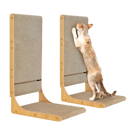 EHEYCIGA 2-Pack Cat Scratcher, 25.6 Inch L-Shaped Cardboard Scratch Pad for Indoor Cats, Vertical Cat Scratching Board with Ball Toy, Furniture