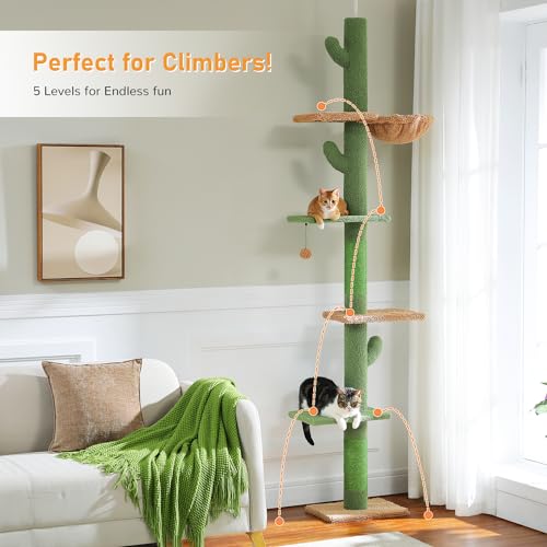PAWZ Road Cat Tree, Cactus Floor to Ceiling Cat Tower with Adjustable Height(95-108 Inches), 5 Level Cat Climbing Tower with Cozy Hammock, Platforms
