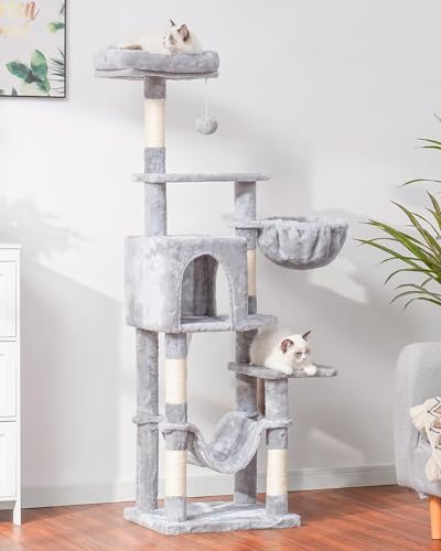 Hey-brother Cat Tree with Large Hammock, Multi-Level Cat Tower for Indoor Cats, Cat Condo with Sisal-Covered Scratching Posts and Top Perch, Light