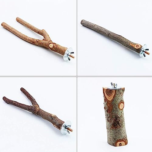 BILLIOTEAM 4 Pack Natural Wood Bird Perch Parrot Stand Branches Fork Toys,Pet Bird Cage Wooden Hanging Perch Platform Hammock Swing Toy for Small