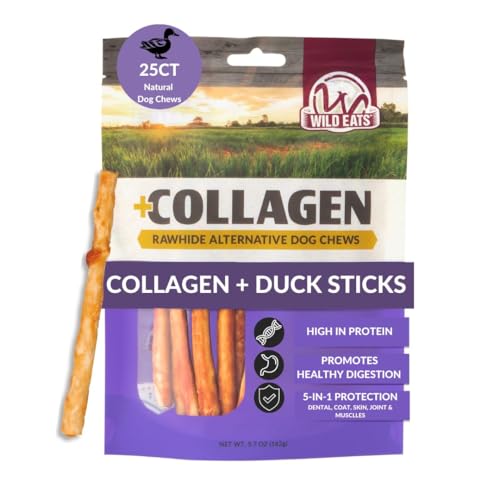Wild Eats Real Duck Collagen Bully Sticks for Dogs (25 Pack,5 Inch) Long Lasting Dog Chews No Hide Dog Treat Bully Stick Alternative, Rawhide Free