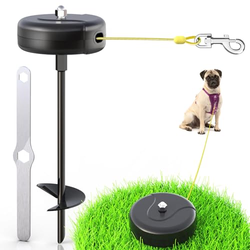 30ft Dog Tie Out Cable and Stake, 360°No Tangle Heavy Spiral Dog Steel Anchor and Retractable Leash for Small to Large Dogs Up to 10-90 lbs Lead for
