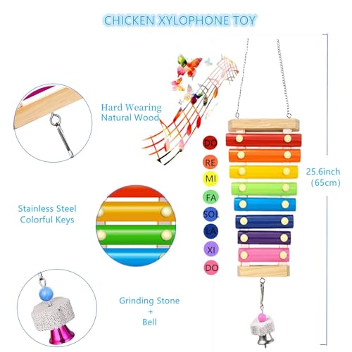 Longer Chain Chicken Toys for Coop Accessories 7PCS, Chicken Swing Ladder Perch roosts, Chicken Xylophone Mirror with Bells Vegetable Fruits Hanging