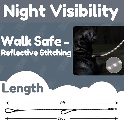 6 Foot Dog Leash, Two Extra Padded Handles, Locking Carabiner Clip, Reflective for Night Visibility, Weatherproof, Heavy Duty Rope Leash, Roam Gear