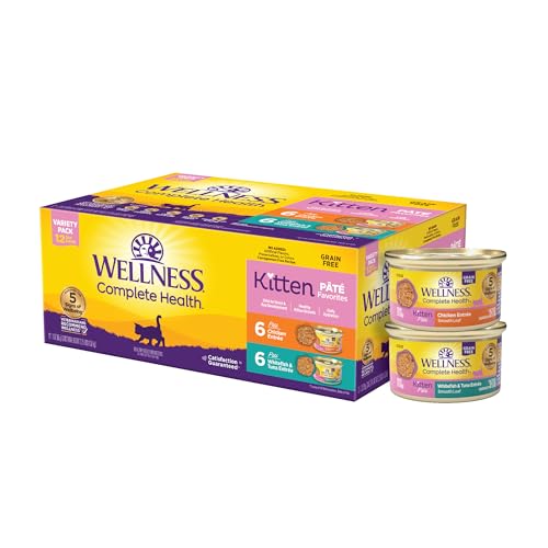 Wellness Complete Health Pate Variety Pack Kitten Canned Wet Cat Food, Natural, Protein Rich, Grain Free, Whitefish and Chicken Recipes, 3 oz, Pack