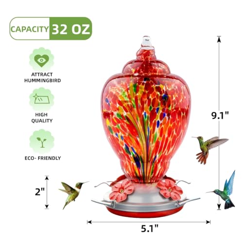 WOSIBO Hummingbird Feeder for Outdoors Patio Large 32 Ounces Colorful Hand Blown Glass Hummingbird Feeder with Ant Moat Hanging Hook, Rope, Brush and