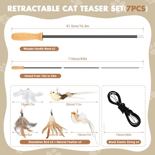 ROSAUI Cat Teaser Wand Toys, Interactive Bird Toys for Indoor Kittens, 42.15’’ Long Cat Fishing Pole Toys, 2Pcs Wires and 5Pcs Natural Refills