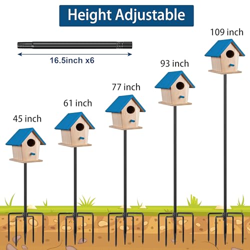 Ottsuls Bird Feeder Pole, 109 Inch Heavy Duty Bird House Pole Kit for Outdoors, with 5-Prong Base Feeding Station for Wild Birds Watching, Adjustable