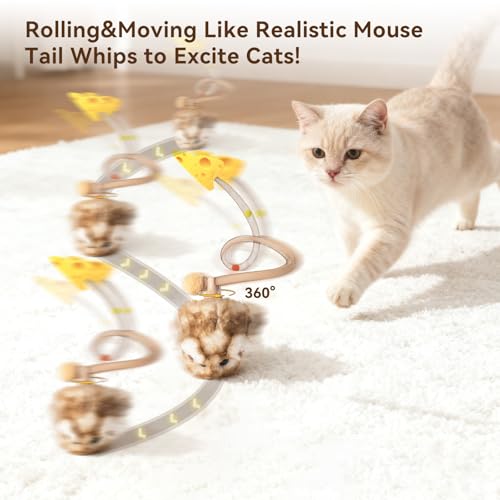 Migipaws Interactive MigiMouse Cat Toy 360° Rolling & Spin with Mesh Plastic Tail for Indoor Cats Smart Motion Sensor, Realistic Squeak, Rechargeable