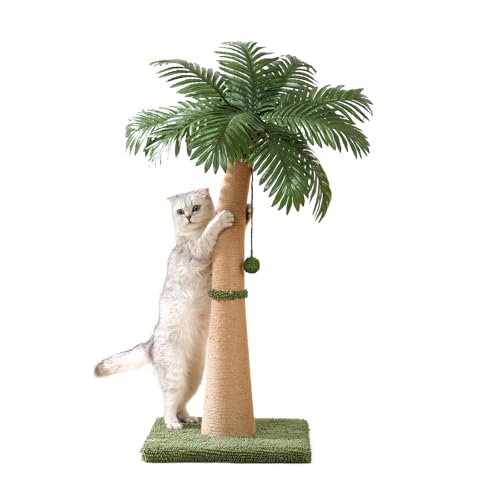 40'' Tall Cat Scratching Post Cat Tree, Curved Design Cat Scratcher Post with 3 Interactive Balls, Natural Sisal Rope Cat Scratching Posts for Indoor