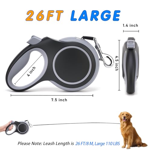 26Ft Retractable Dog Leash, Heavy Duty Great Leash for Dog up to 110 lbs, Anti-Slip Rubberized Handle, One-Handed Brake, Strong Nylon Tape, Tangle Free (Large, Black)