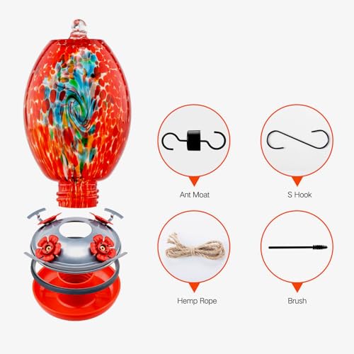 Muse Garden Glass Humming Bird Feeders for Outdoors - 27OZ Blown Glass Hummingbird Feeder - Unique Gift Mom Women Grandparents, Outdoors Hanging