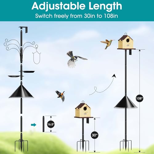 108 Inch Bird Feeder Pole Squirrel Proof, Heavy Duty Bird House Pole, Adjustable Bird Feeder Stand with 5 Shepherds Hooks, 2 Mental Trays
