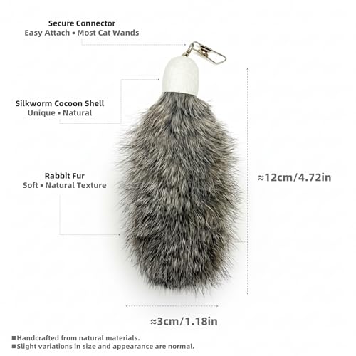 2 Pack Natural Rabbit Fur Cat Toy Refills – Silent Interactive Cat Toys for Indoor Cats, Handmade Replacement Heads with Secure Connector for Cat