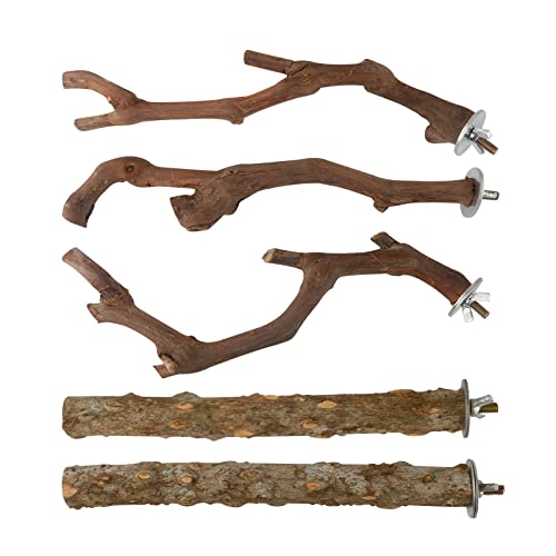 5PCS Bird Perch Stand Natural Wooden Parrot Stand Branch,3 Grape Wood Perch,2 Stand,Paw Grinding Fork Parakeet Chewing Stick Exercise Training